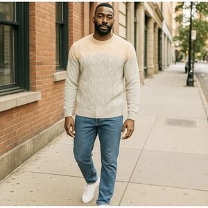 Commerce  Sweater Mens L Fawn Ombré Fisherman Cable Knit‎ Crew Neck Pullover New